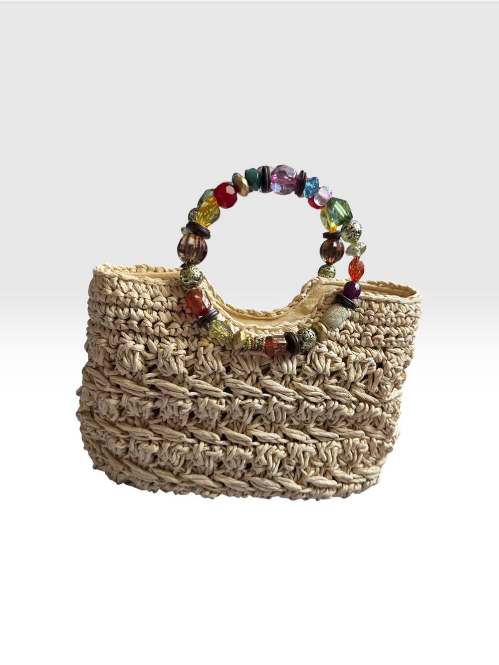 Cocktail Cappelli Straw Beaded Handle Bag Purse Handbag Tote Vintage Style Beach